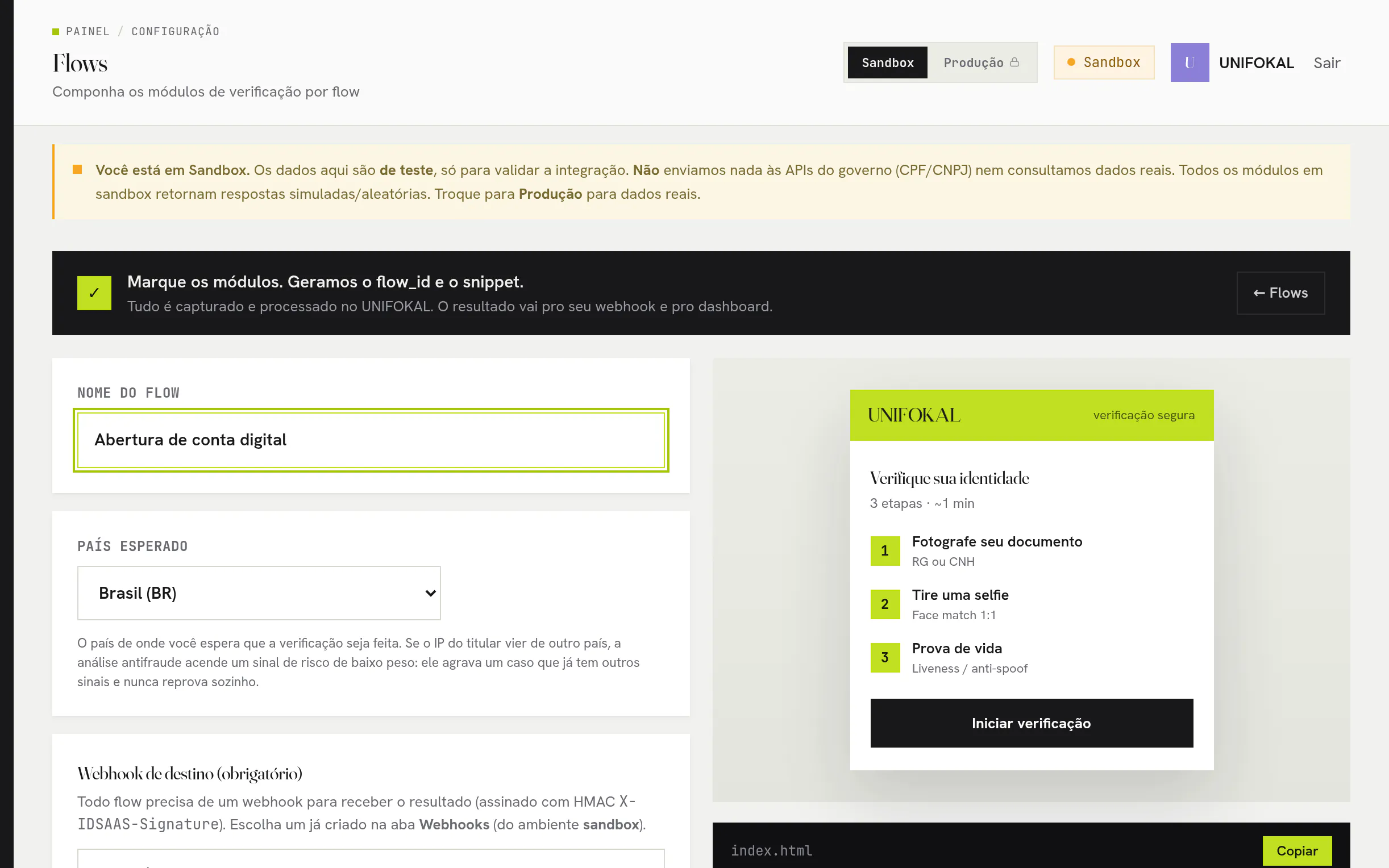 Construtor de flow do painel: o nome do flow, o país esperado, o webhook de destino, a prévia do widget e o trecho de código para colar.