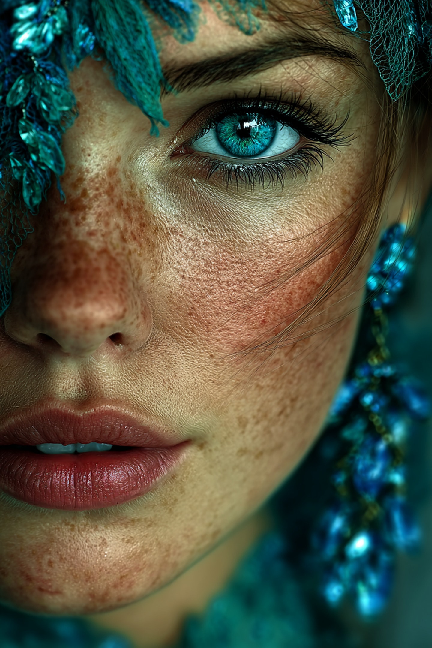 Close-up do olho de uma pessoa, íris azul-esverdeada em detalhe